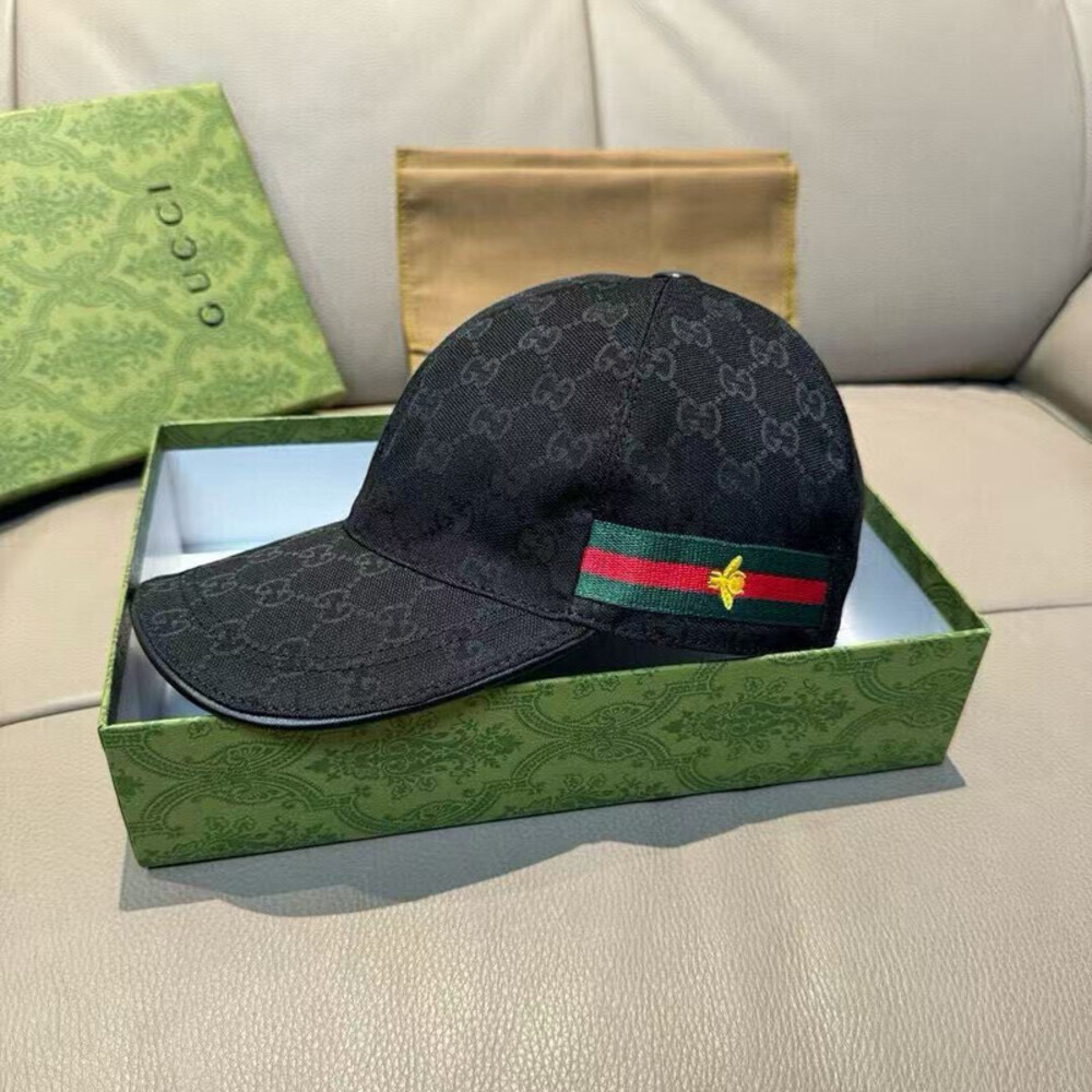 Gucci Black Baseball Cap with Monogram and Web Stripe